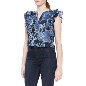 Parker NWT Mindy Floral Ruffle Sleeve Cotton Top Cap Sleeve Blue Black XS New